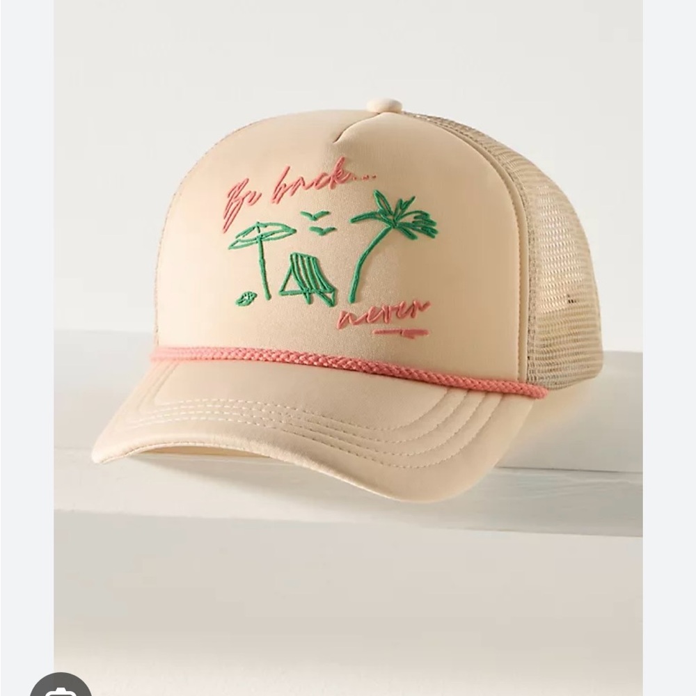 Anthropologie Coastal Trucker Hat - Cream with Green and Pink - Be Back Never